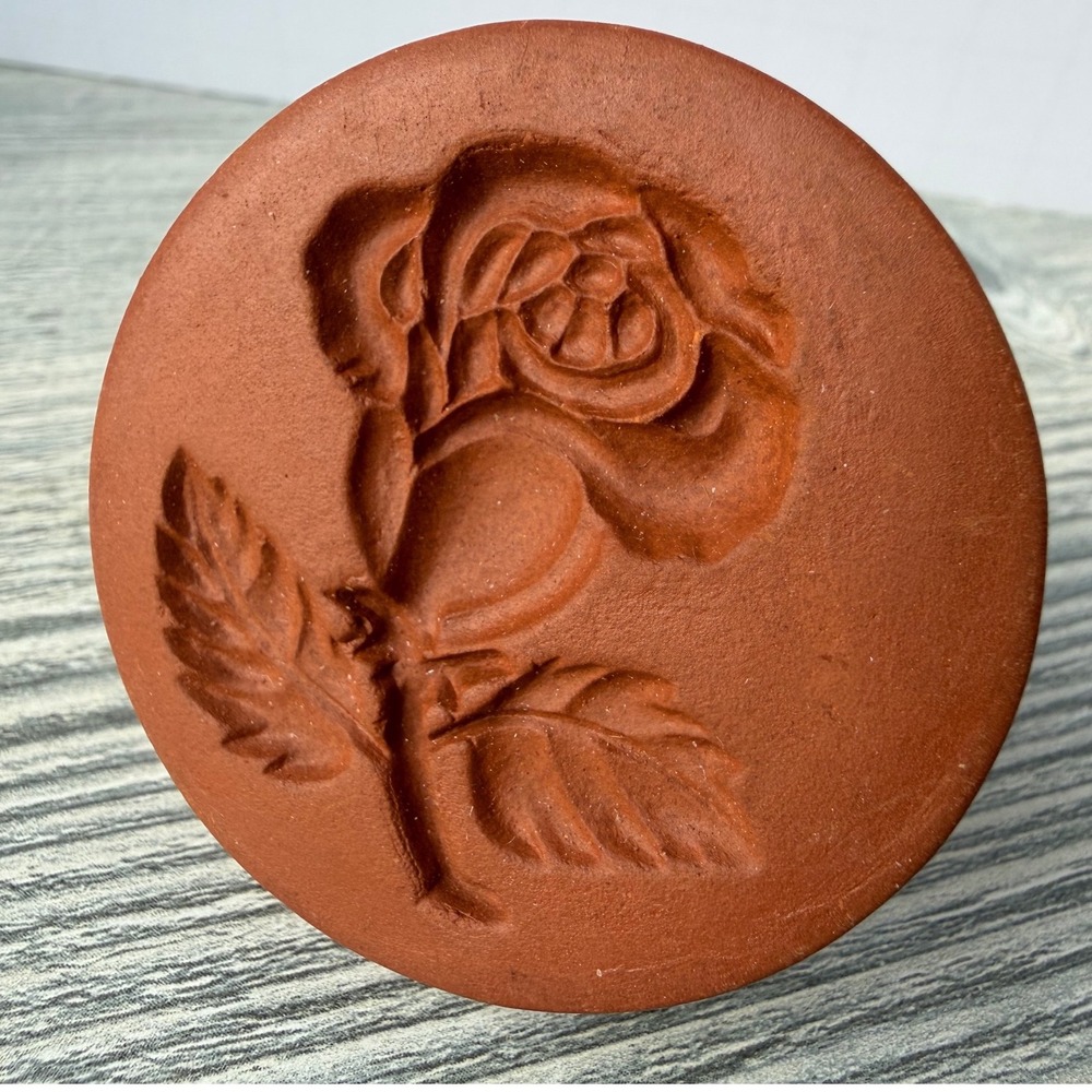 Foxcroft Vintage Terra Cotta Cookie Stamp Rose Floral Pottery Shortbread Mold
